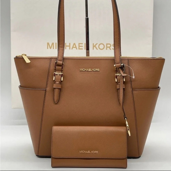 Michael Kors Large Charlotte Tote Bag & Trifold Wallet Luggage Leather - Picture 1 of 11